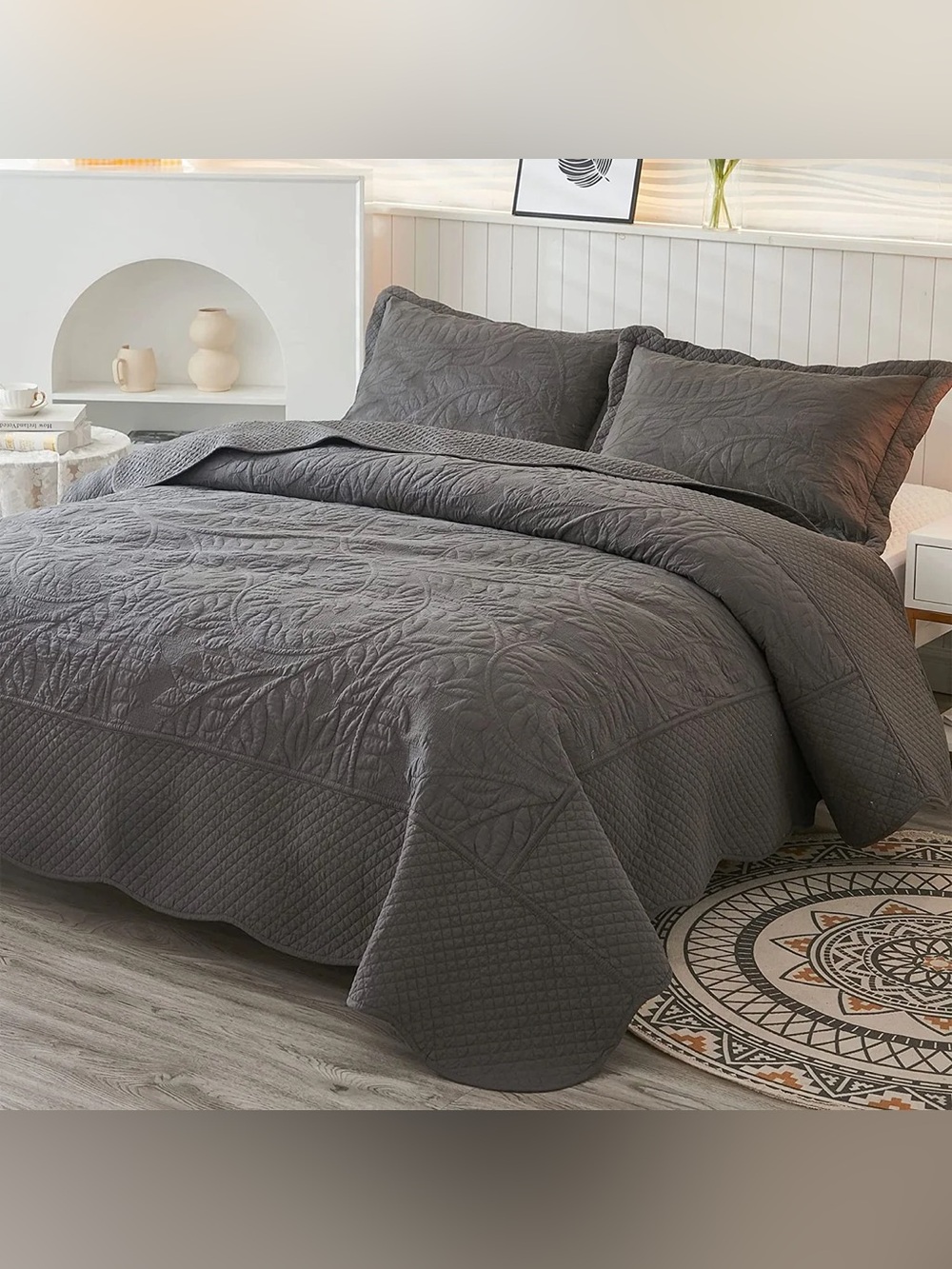 Gray Quilted Cotton king 3 piece  Bedspread Set - Elegant Solid Gray Bedding